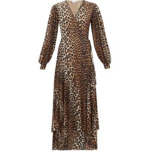 Ganni leopard print, long-sleeved wrap dress in stretch mesh.